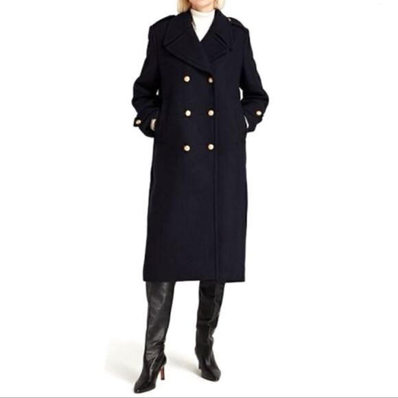 NWT- Rebecca Minkoff- Black Officers Coat Double Breasted Classic Peacoat, Sz L - Picture 1 of 12
